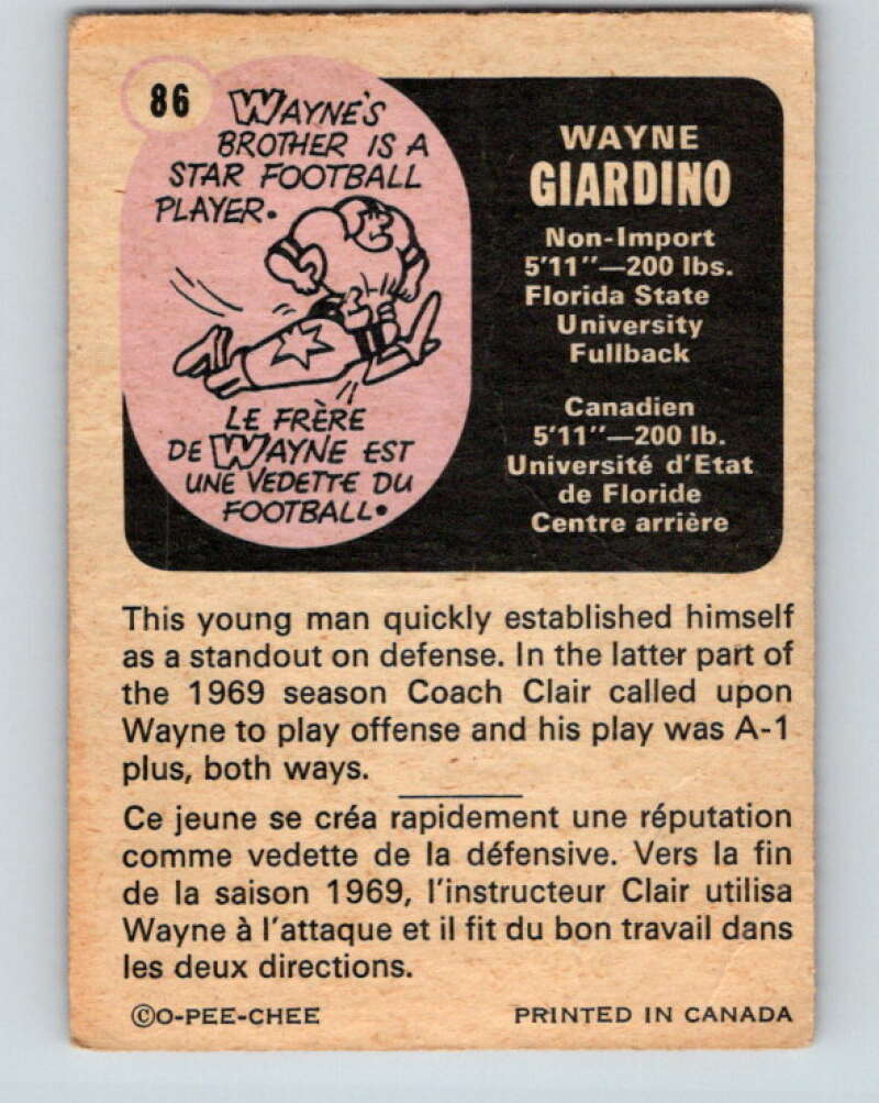 1971 O-Pee-Chee CFL Football #86 Wayne Giardino, Ottawa Rough Riders  V33021