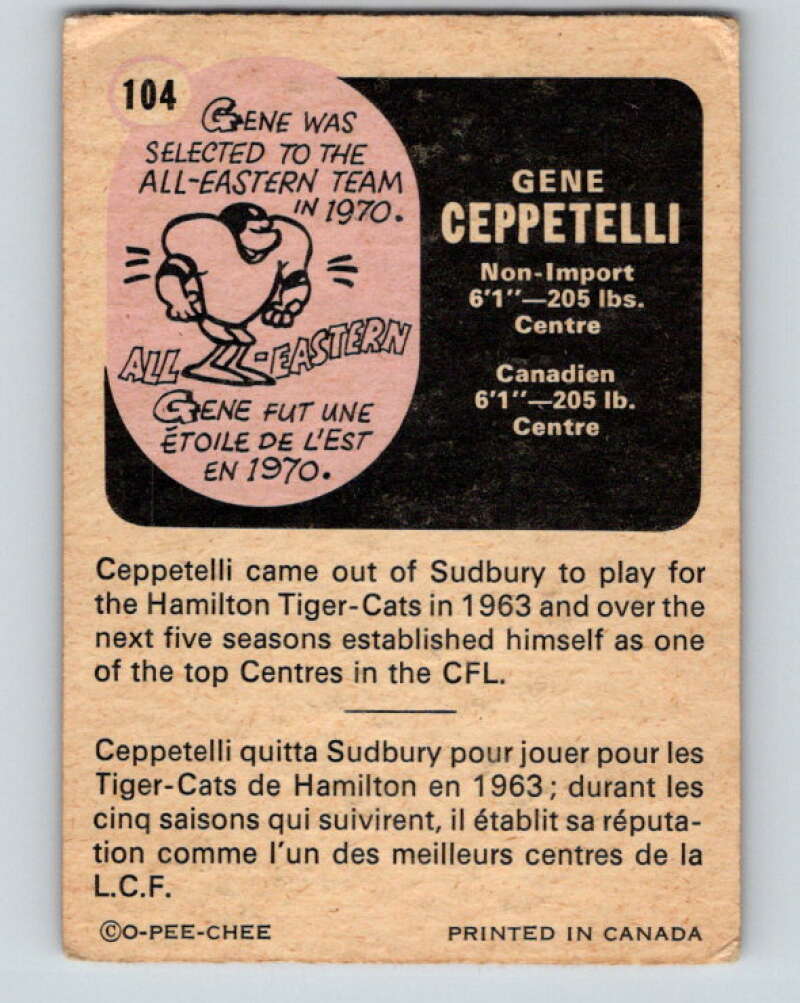 1971 O-Pee-Chee CFL Football #104 Gene Ceppetelli, Montreal Alouettes  V33024