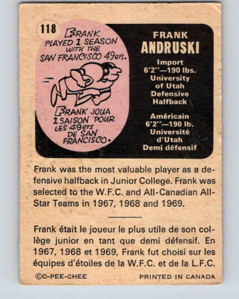 1971 O-Pee-Chee CFL Football #118 Frank Andruski, Calgary Stampeders  V33032