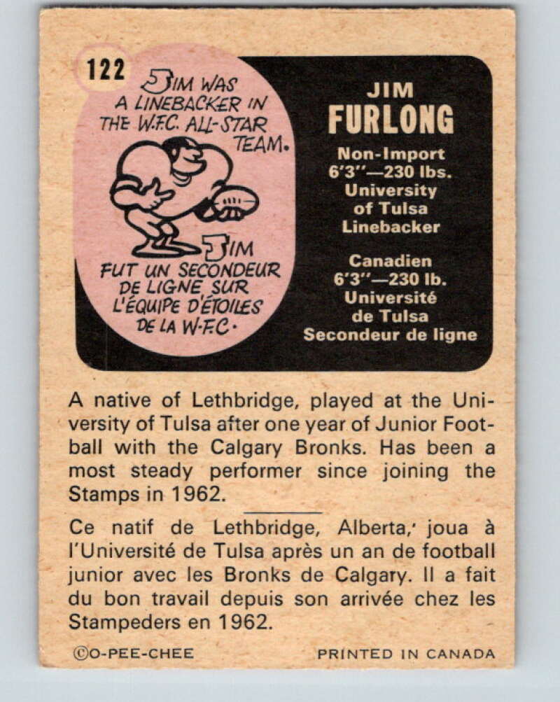 1971 O-Pee-Chee CFL Football #122 Jim Furlong, Calgary Stampeders  V33036