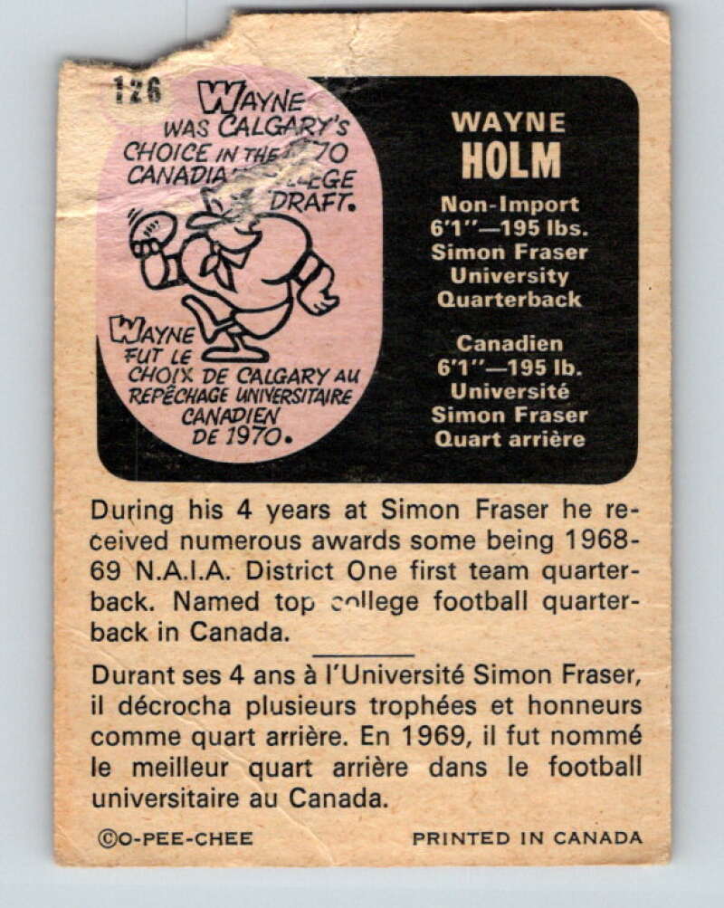 1971 O-Pee-Chee CFL Football #126 Wayne Holm, Calgary Stampeders  V33040