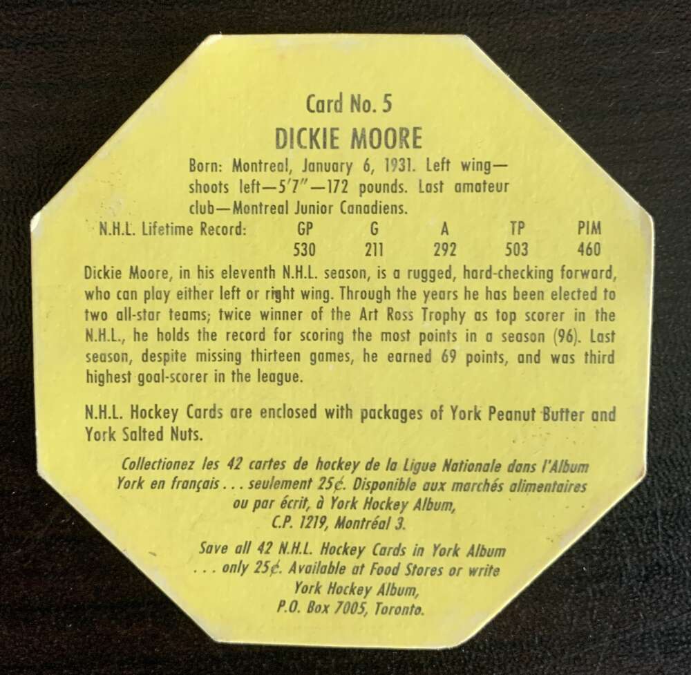 1961-62 York  Yellow Backs #5 Dickie Moore  Montreal Canadiens  V33179