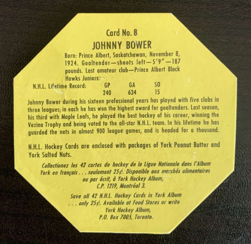 1961-62 York  Yellow Backs #8 Johnny Bower  Toronto Maple Leafs  V33181