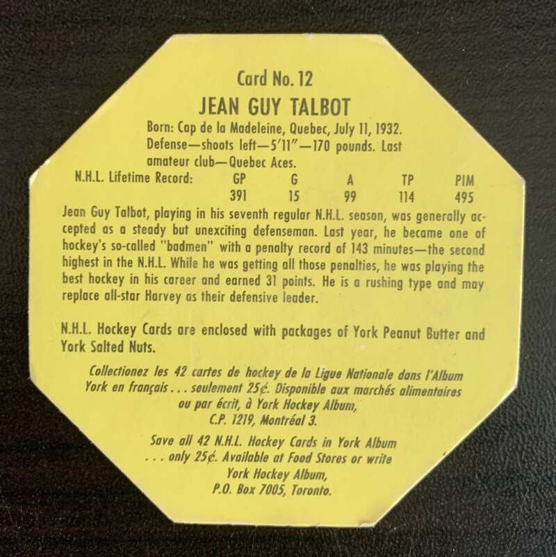 1961-62 York  Yellow Backs #12 Jean-Guy Talbot  Montreal Canadiens  V33183