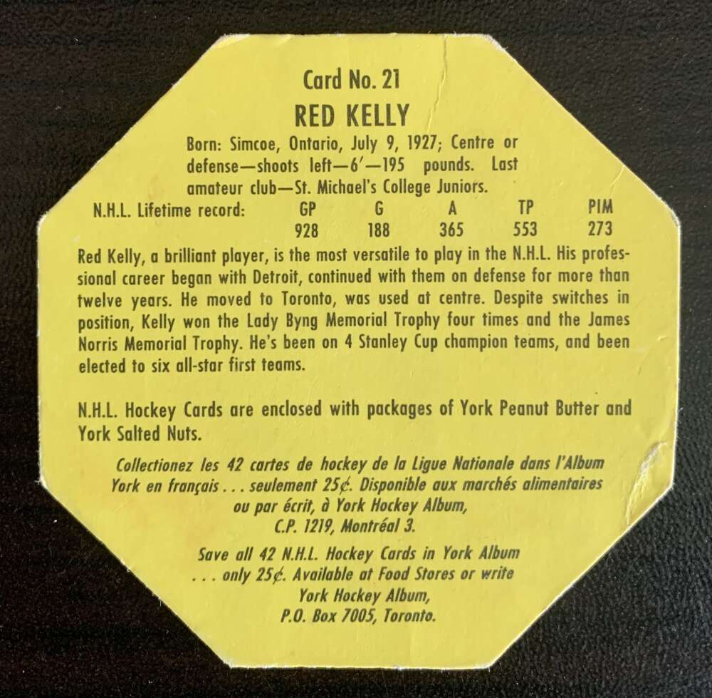 1961-62 York  Yellow Backs #21 Red Kelly  Toronto Maple Leafs  V33191