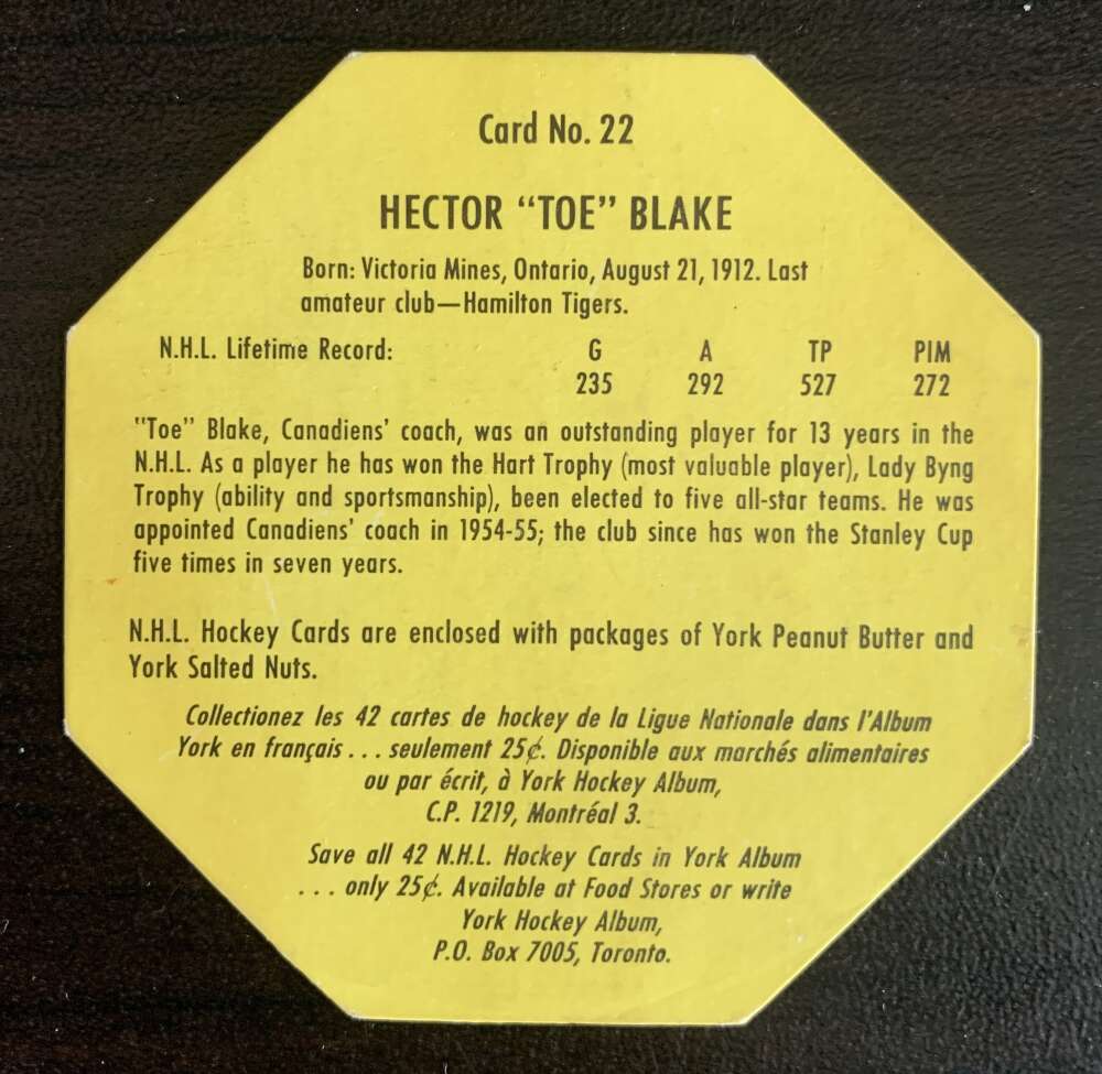 1961-62 York  Yellow Backs #22 Toe Blake  Montreal Canadiens  V33192