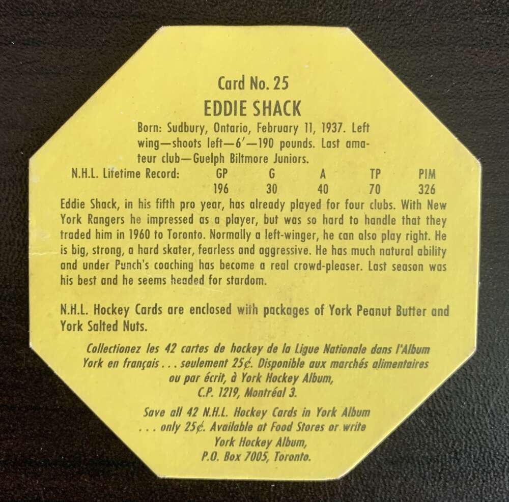 1961-62 York  Yellow Backs #25 Eddie Shack  Toronto Maple Leafs  V33194