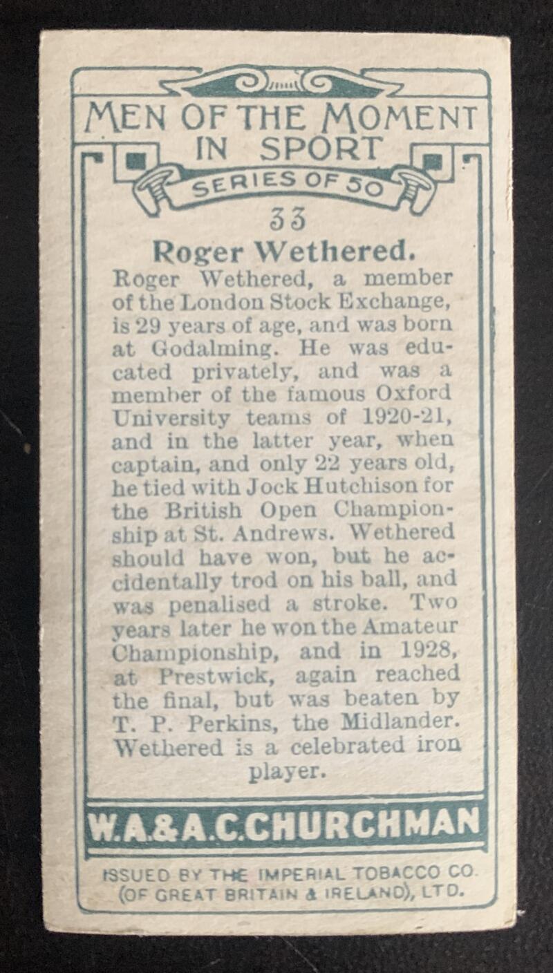 1923 Imperial Tobacco W.A & A.C. #33 Roger Wethered Vintage Golf Card V33245