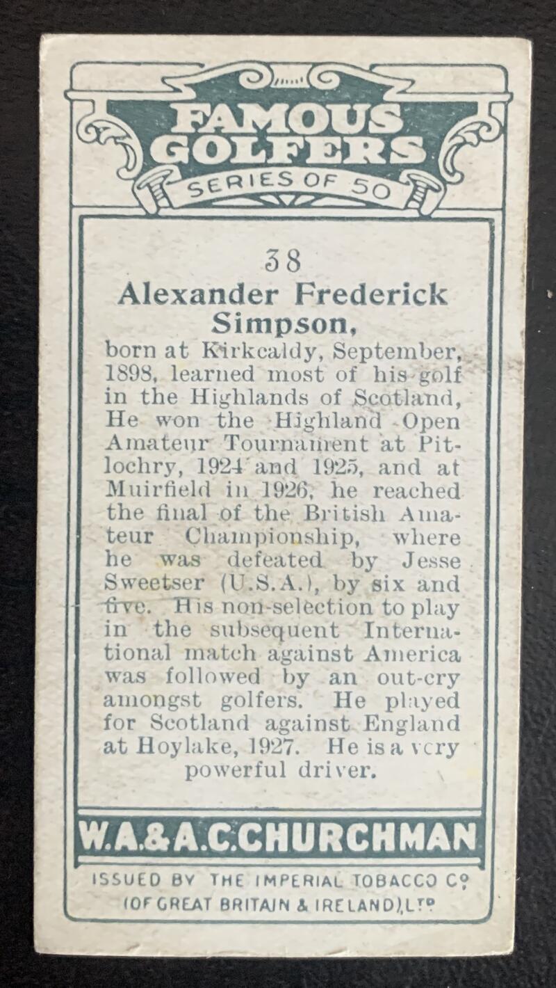 1927 Imperial Tobacco Famous Golfers #38 A.F. Simpson Vintage Golf Card V33258