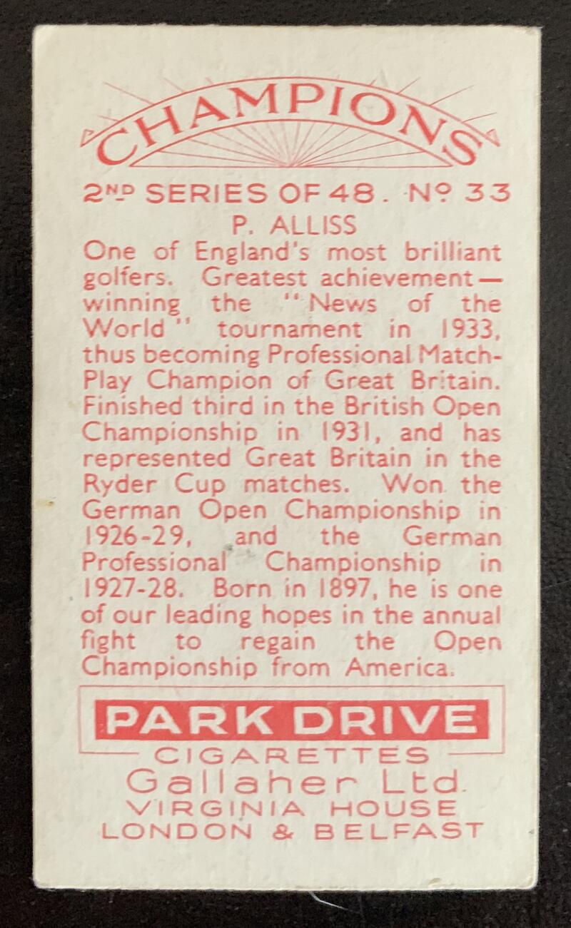 1935 Gallaher Ltd. Cigarettes Champions #33 P. Alliss Vintage Golf Card V33276