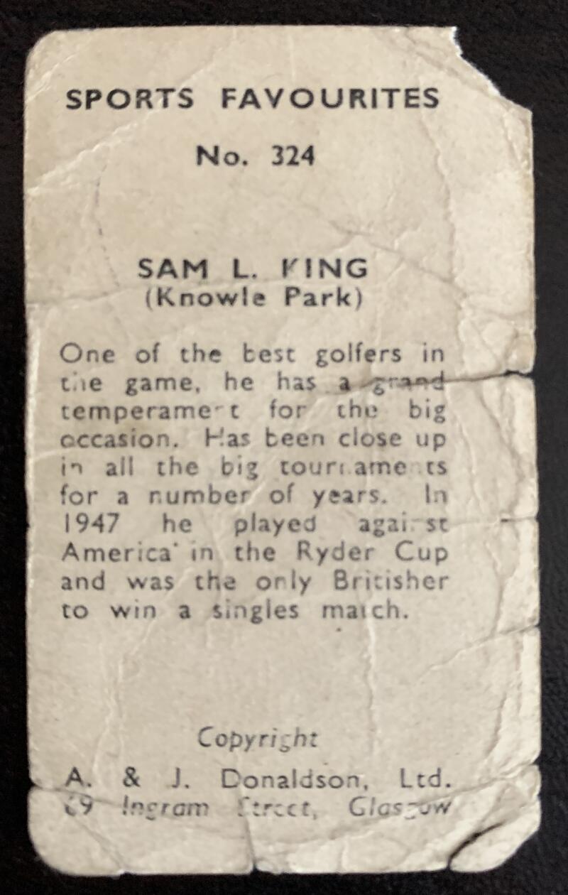1953 A&J Donaldson Tobacco #324 Sam L. King Vintage Golf Card V33285