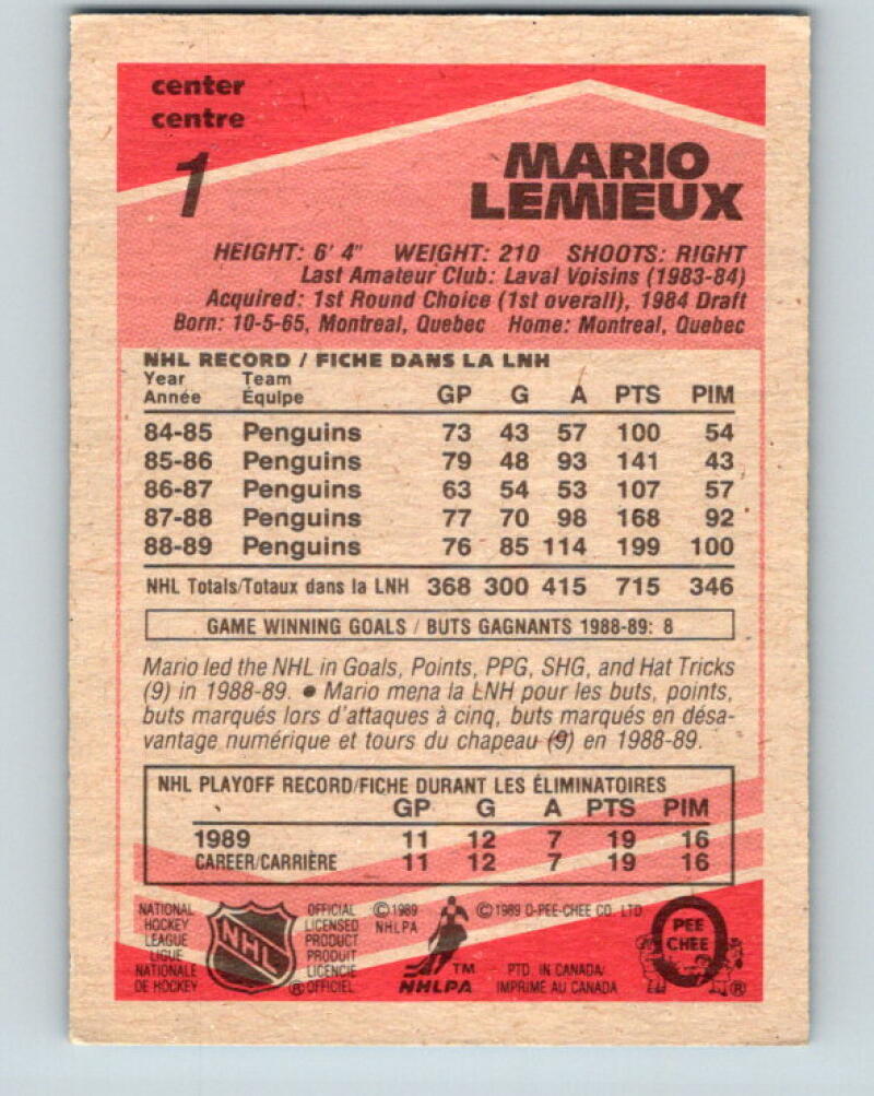 1989-90 O-Pee-Chee #1 Mario Lemieux Pittsburgh Penguins V33314