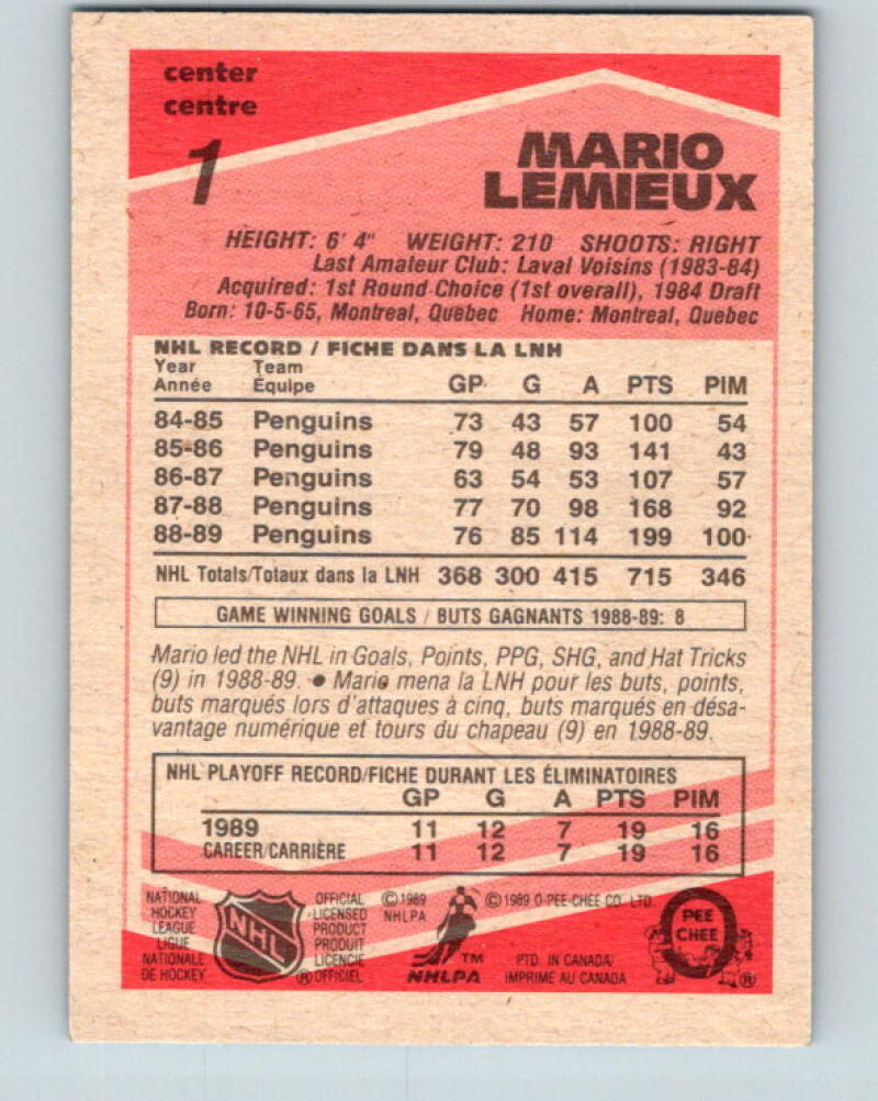 1989-90 O-Pee-Chee #1 Mario Lemieux Pittsburgh Penguins V33315