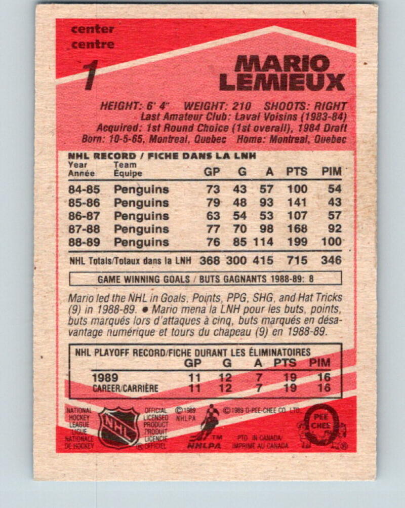 1989-90 O-Pee-Chee Mario Lemieux . Pittsburgh Penguins #319