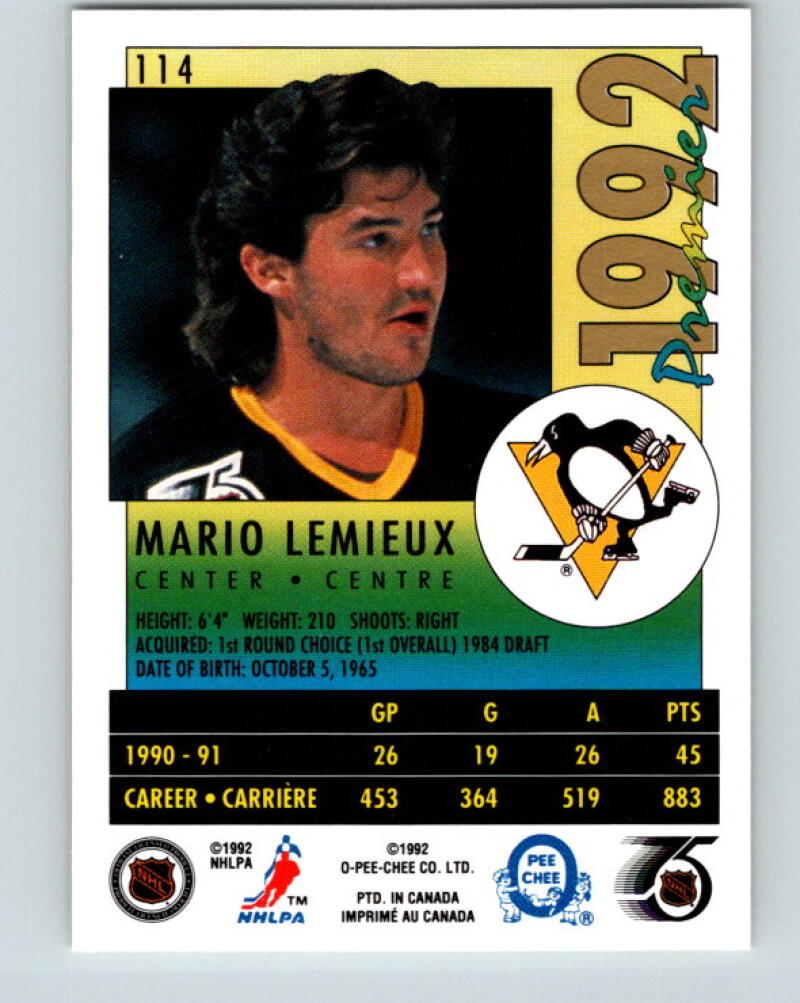 1991-92 OPC Premier #114 Mario Lemieux MINT Penguins V33329