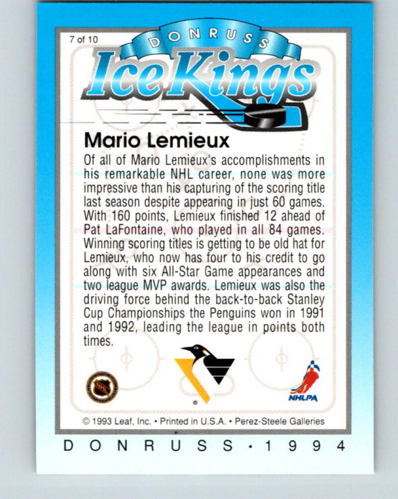 1993-94 Donruss Ice Kings #7 Mario Lemieux Pittsburgh Penguins V33342