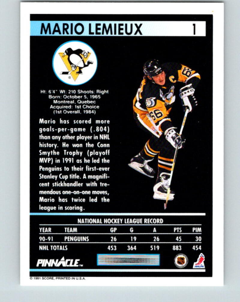 1991-92 Pinnacle #1 Mario Lemieux  Pittsburgh Penguins V33351