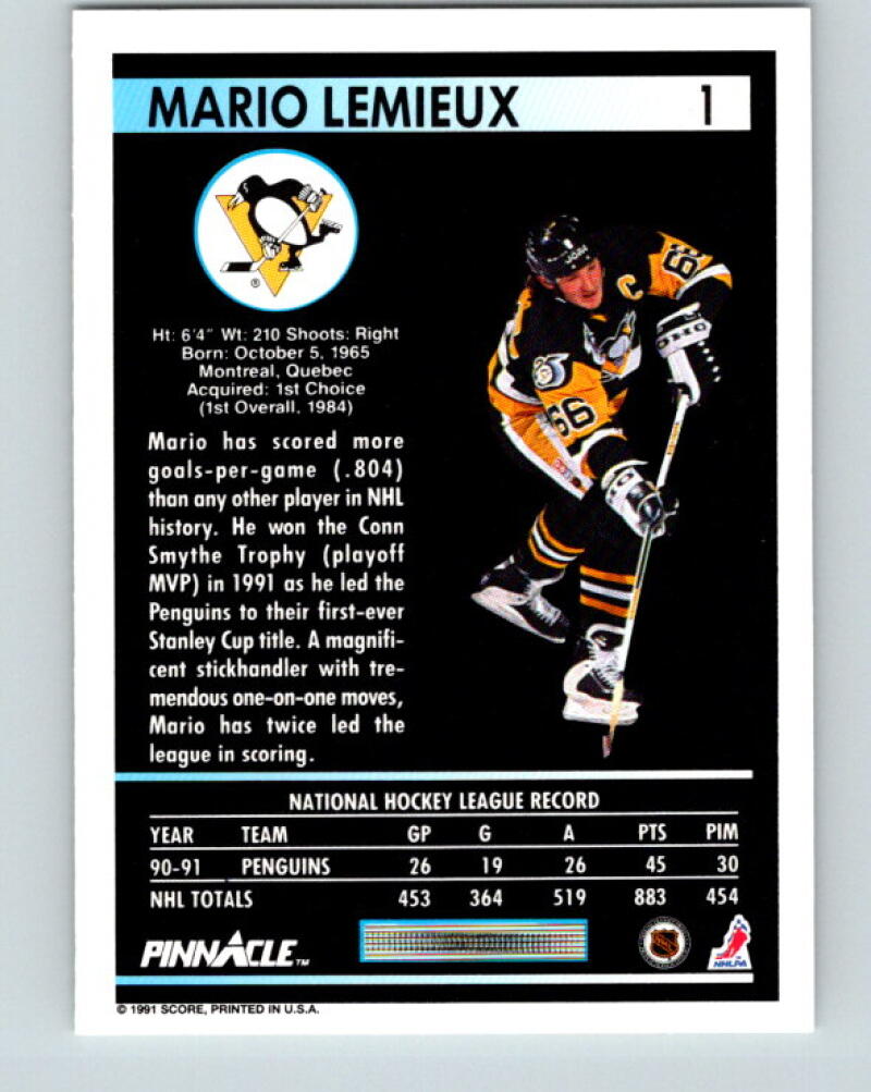 1991-92 Pinnacle #1 Mario Lemieux  Pittsburgh Penguins V33352