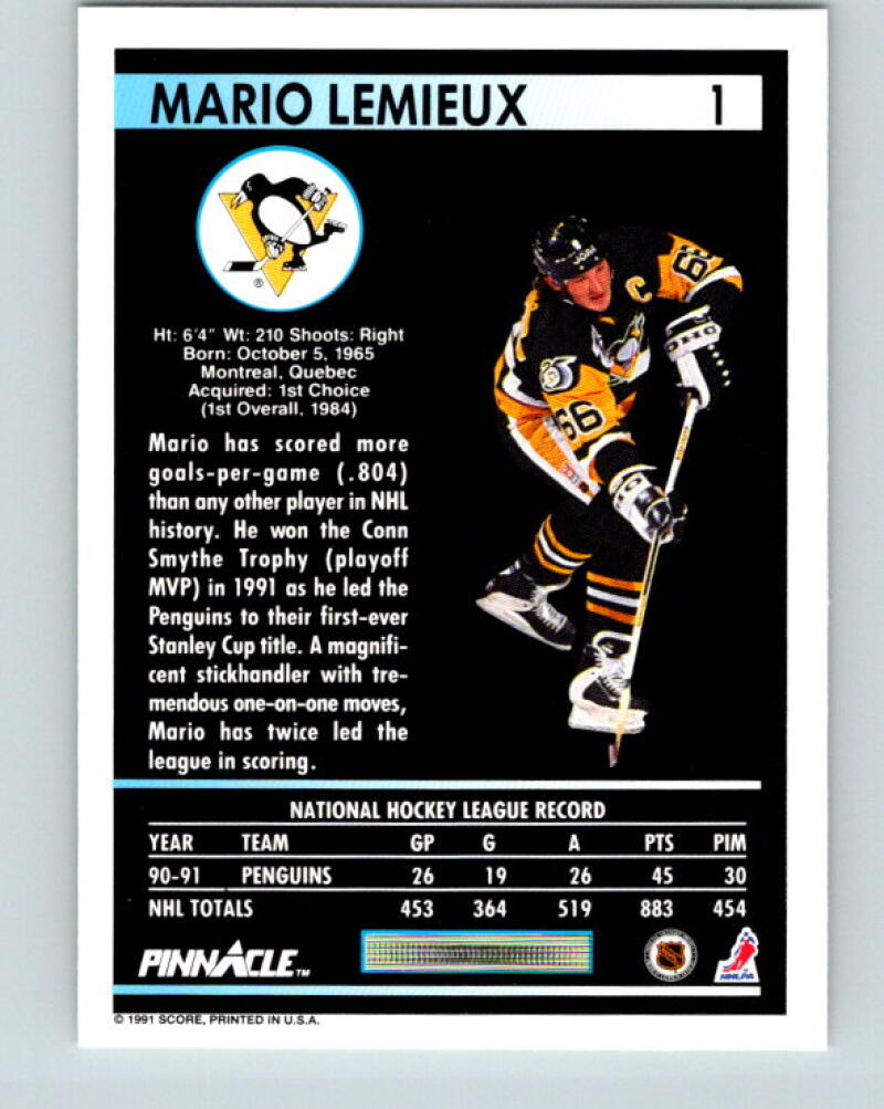 1991-92 Pinnacle #1 Mario Lemieux  Pittsburgh Penguins V33353