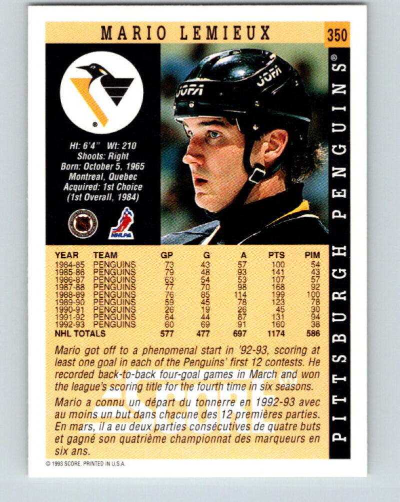 1993-94 Score #350 Mario Lemieux MINT Pittsburgh Penguins V33370