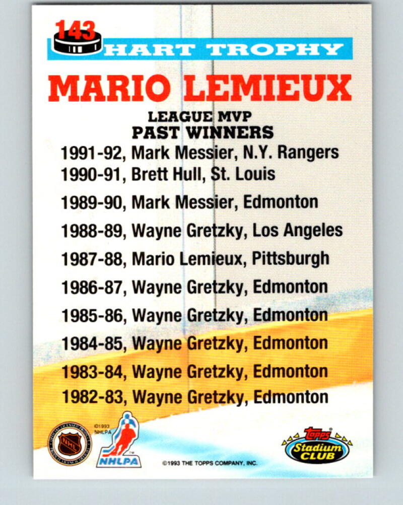 1993-94 Stadium Club #143 Mario Lemieux Hart Trophy V33377