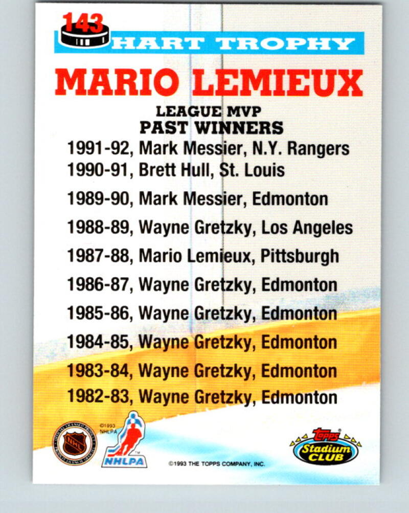 1993-94 Stadium Club #143 Mario Lemieux Hart Trophy V33378