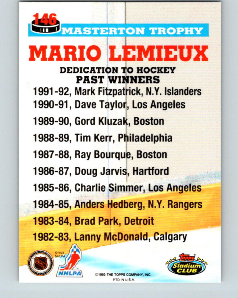 1993-94 Stadium Club #146 Mario Lemieux Masterton Trophy V33380