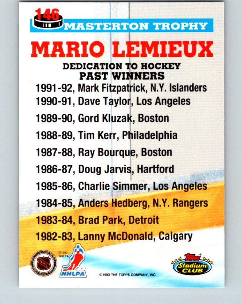 1993-94 Stadium Club #146 Mario Lemieux Masterton Trophy V33382