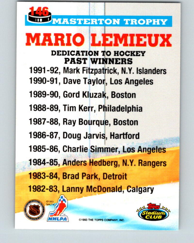 1993-94 Stadium Club #146 Mario Lemieux Masterton Trophy V33383