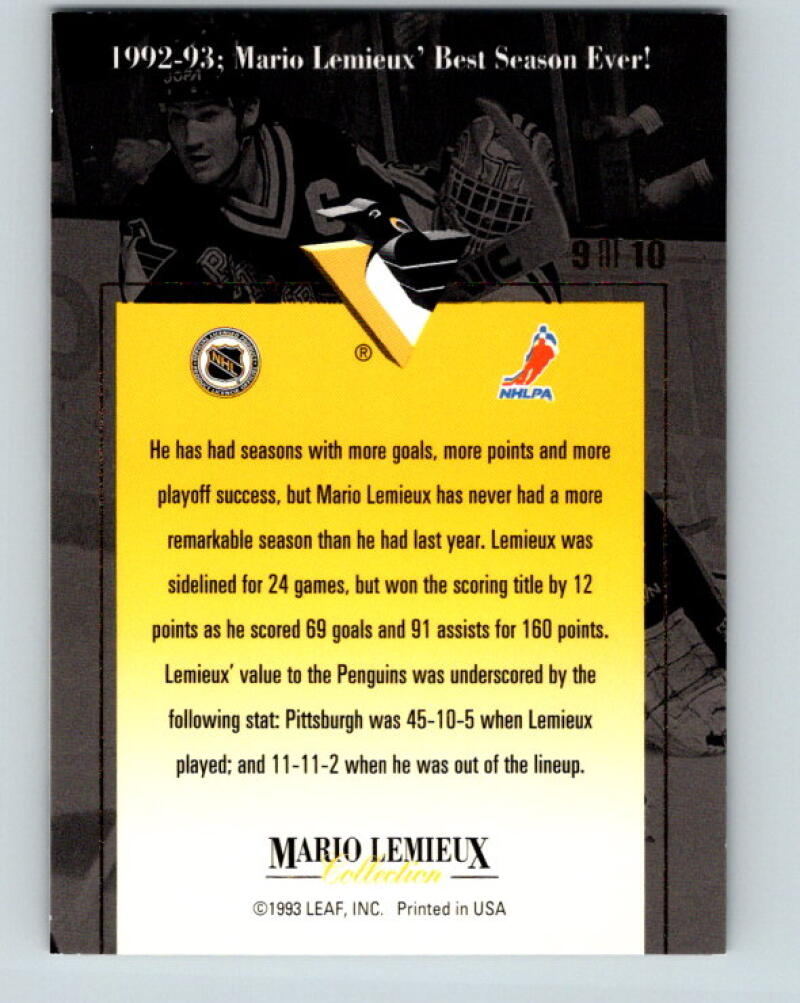 1993-94 Leaf Mario Lemieux #9 Mario Lemieux Pittsburgh Penguins V33404