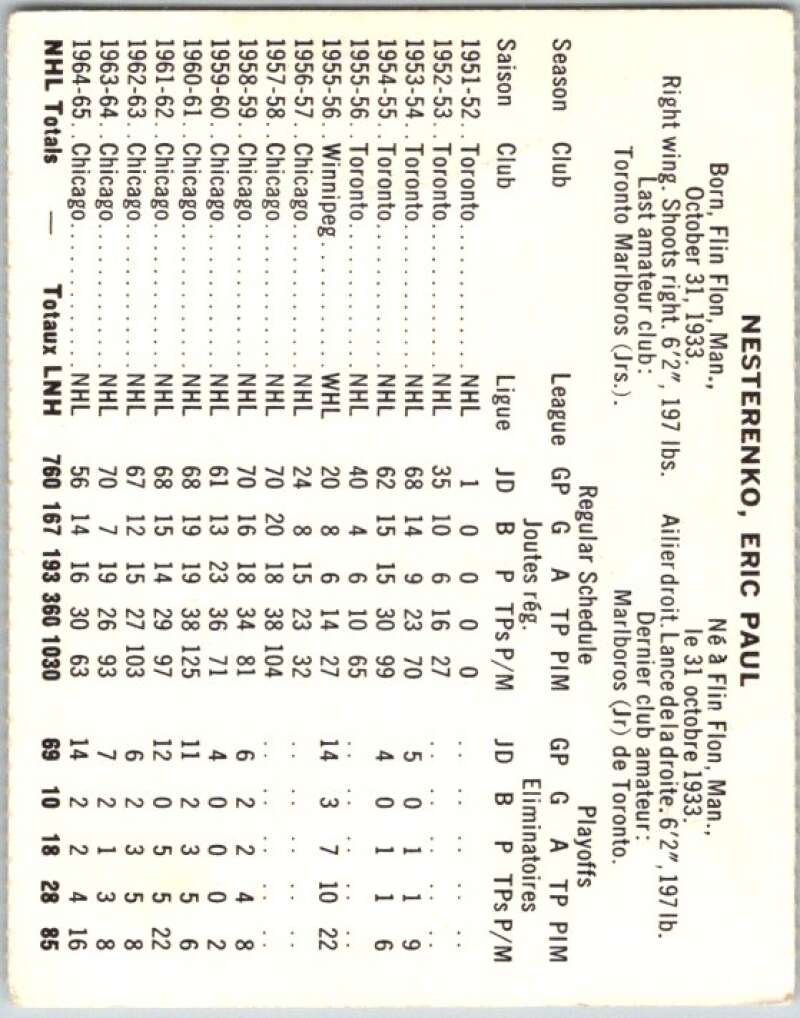 1965-66 Coca-Cola #30 Eric Nesterenko  Chicago Blackhawks  X0045
