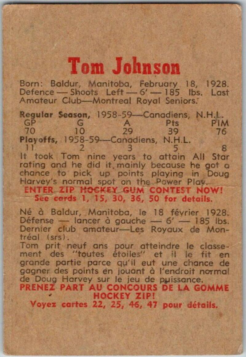 1959-60 Parkhurst #10 Tom Johnson Montreal Canadiens V33518
