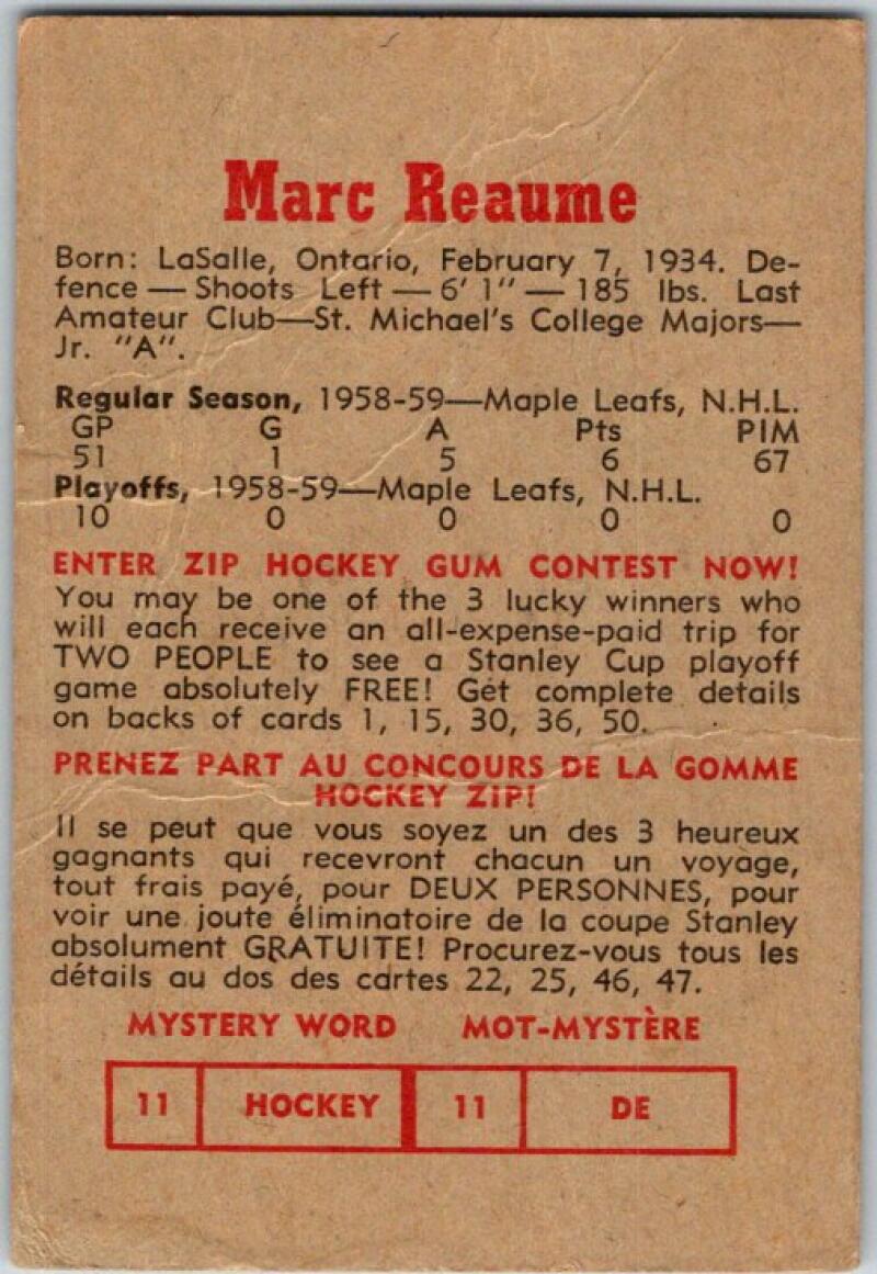 1959-60 Parkhurst #11 Marc Reaume Toronto Maple Leafs V33519