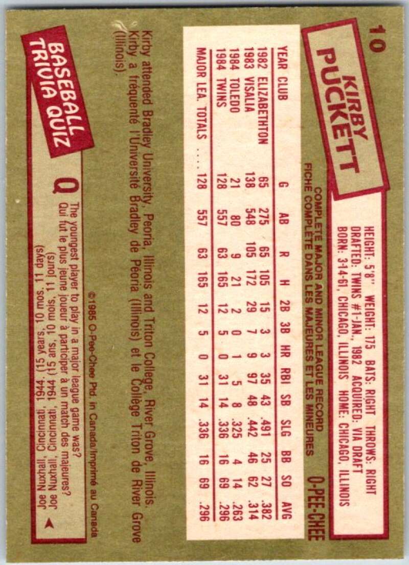 1985 O-Pee-Chee #10 Kirby Puckett  Minnesota Twins  V35988