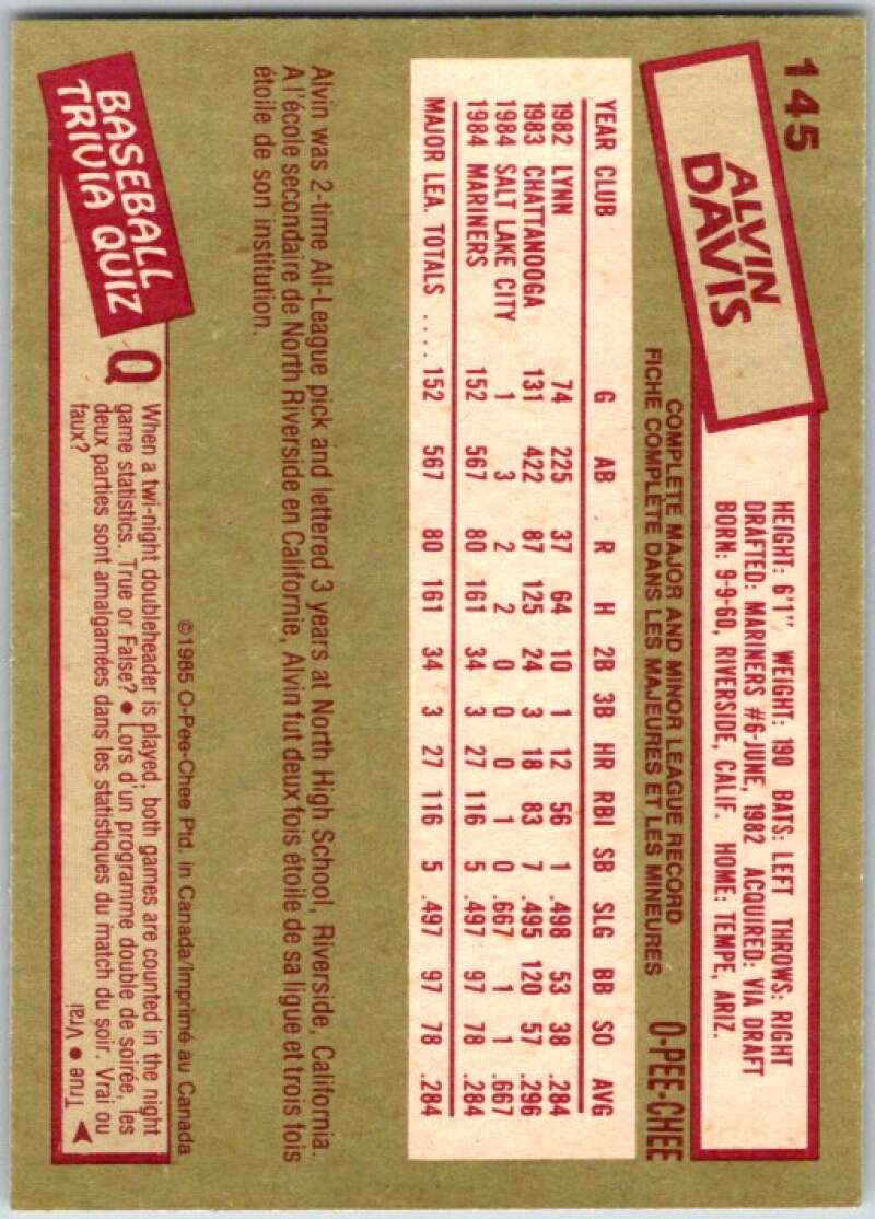 1985 O-Pee-Chee #145 Alvin Davis  Seattle Mariners  V36038