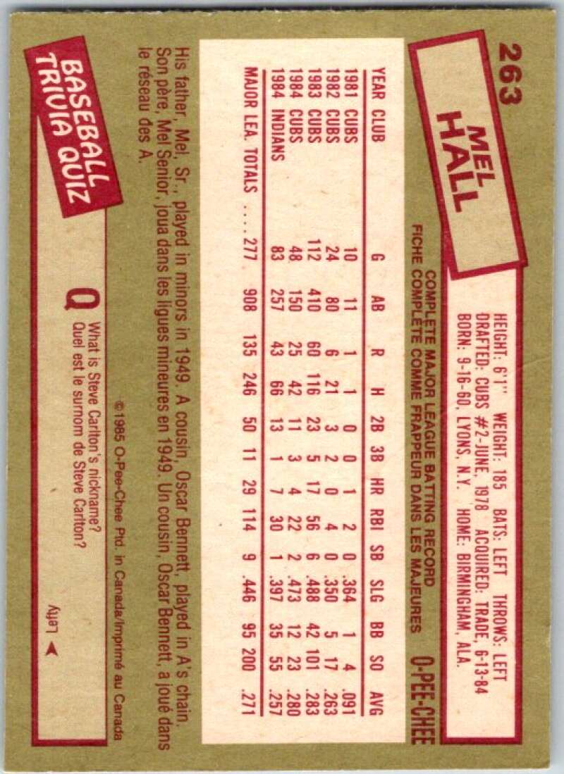 1985 O-Pee-Chee #263 Mel Hall  Cleveland Indians  V36082