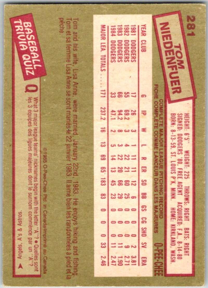 1985 O-Pee-Chee #281 Tom Niedenfuer  Los Angeles Dodgers  V36093