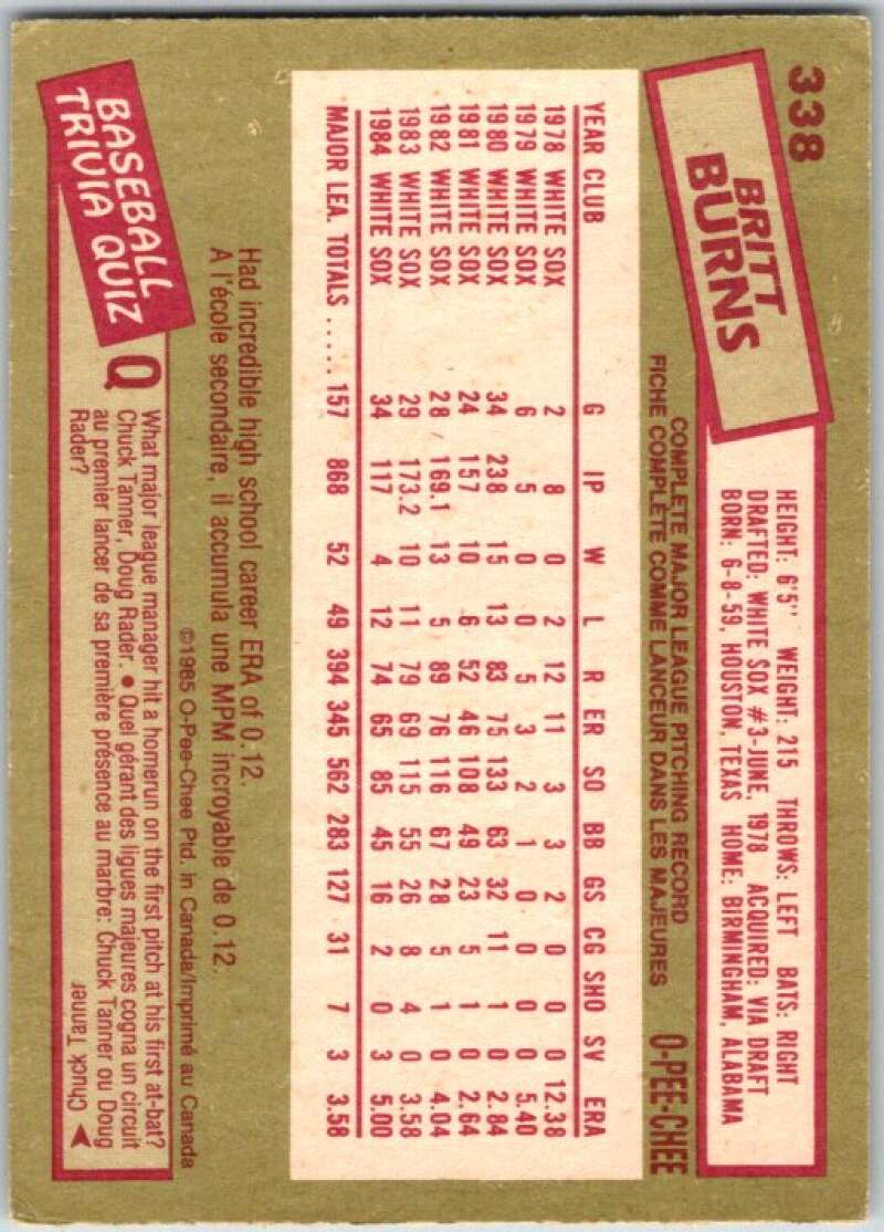 1985 O-Pee-Chee #338 Britt Burns  Chicago White Sox  V36112