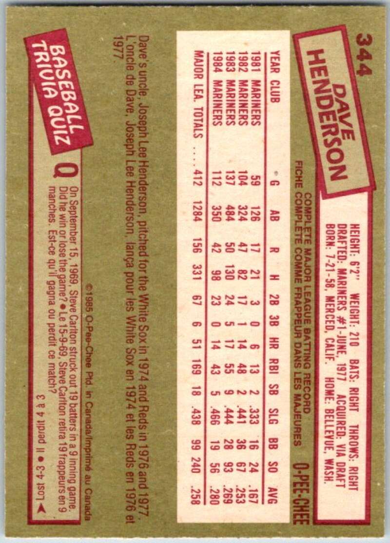 1985 O-Pee-Chee #344 Dave Henderson  Seattle Mariners  V36116