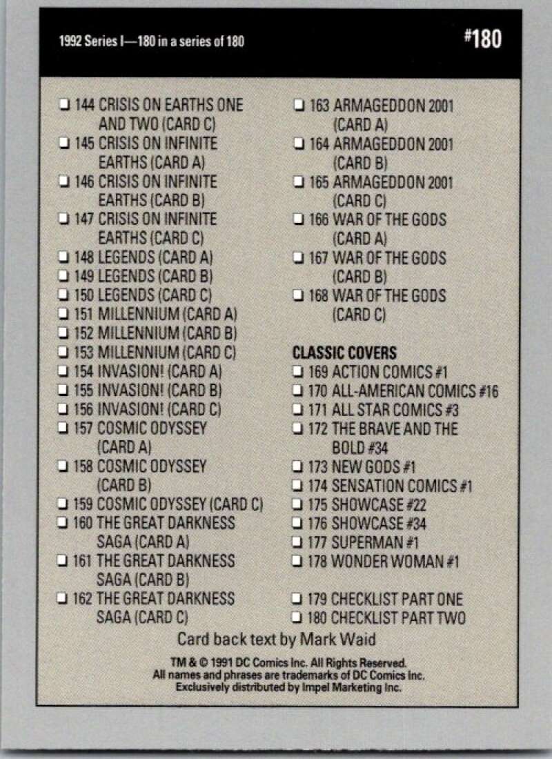 1991 Impel DC Comics #180 Checklist B  V36722