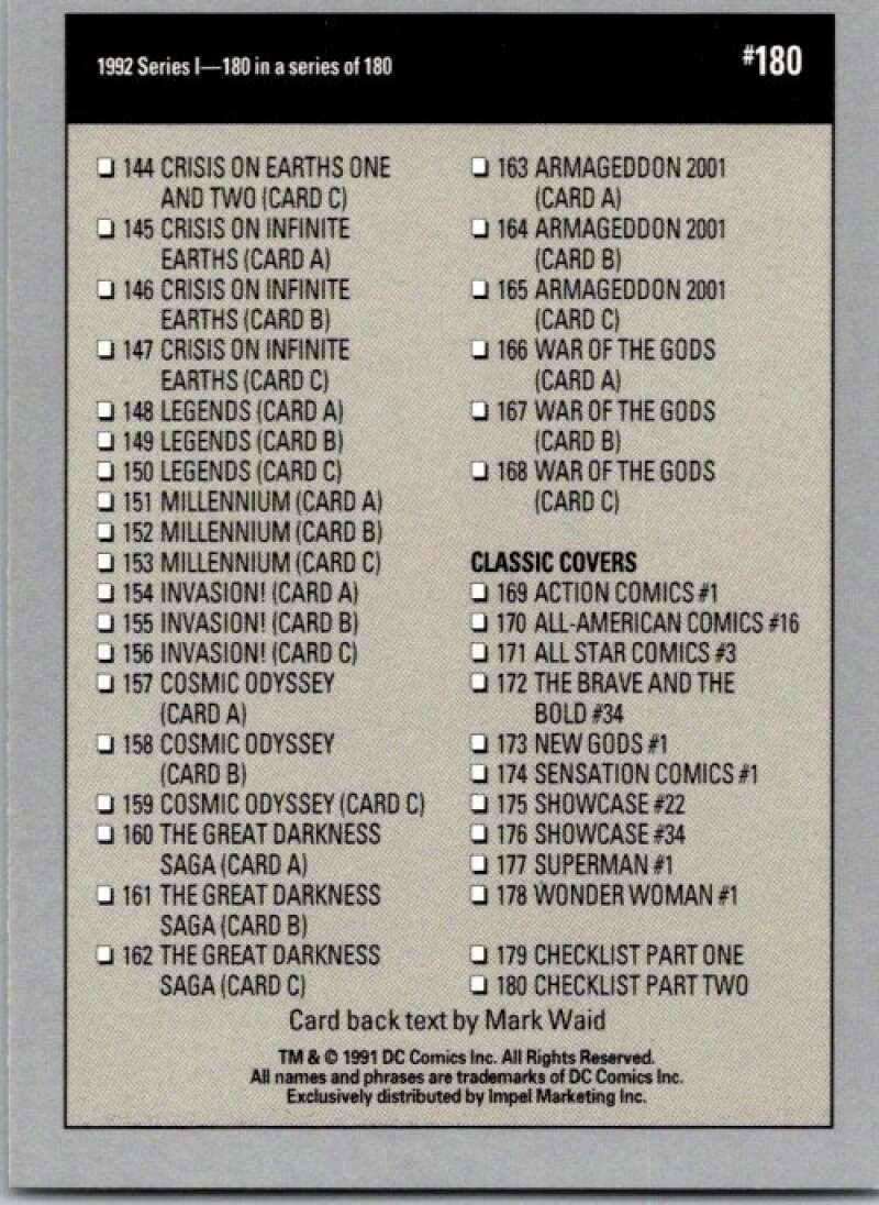 1991 Impel DC Comics #180 Checklist B  V36723