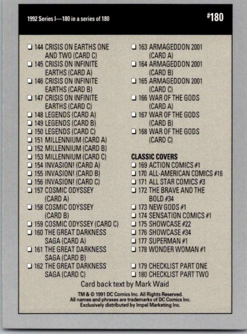 1991 Impel DC Comics #180 Checklist B  V36724