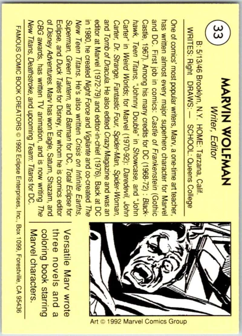 1992 Famous Comic Book Creators #33 Marv Wolfman  V36978