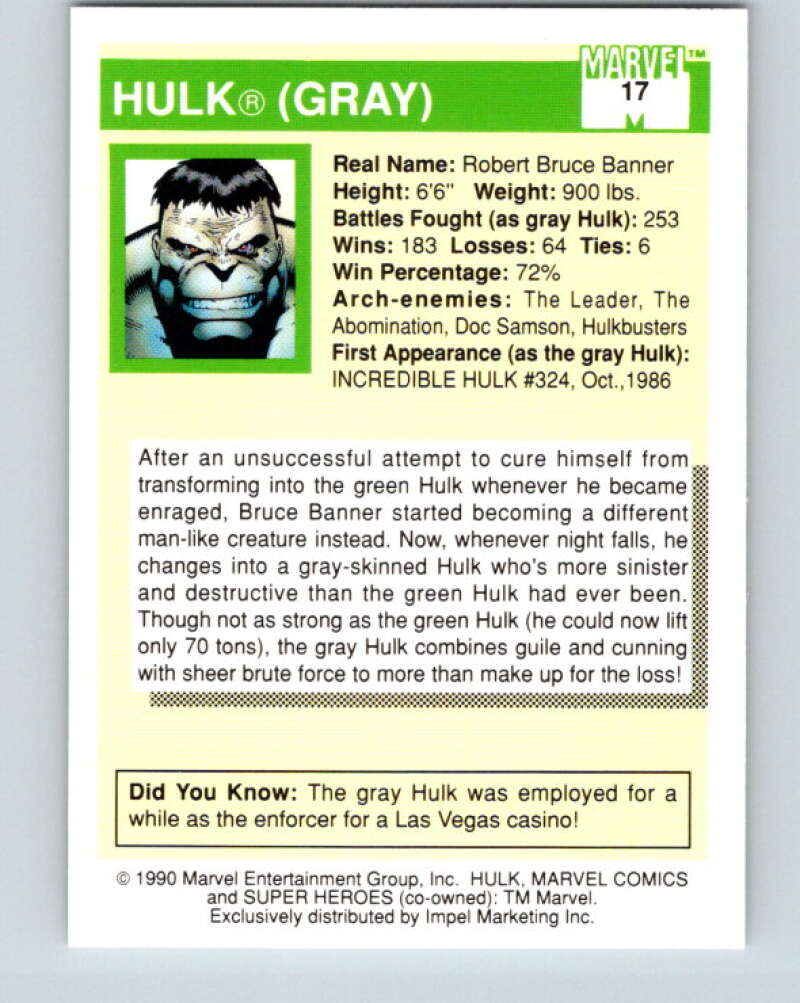 1990 Impel Marvel Universe #17 Hulk gray   V36311