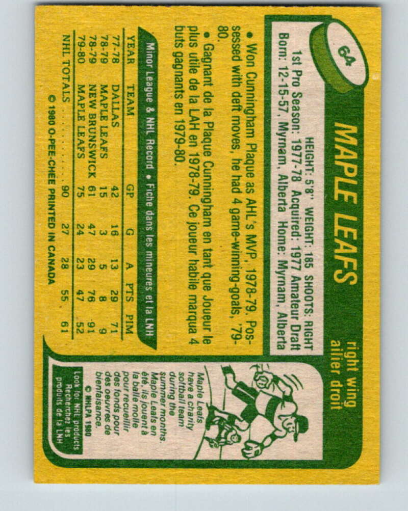 1980-81 O-Pee-Chee #64 Rocky Saganiuk  RC Rookie Toronto Maple Leafs  V37624