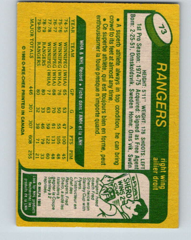 1980-81 O-Pee-Chee #73 Anders Hedberg  New York Rangers  V37705