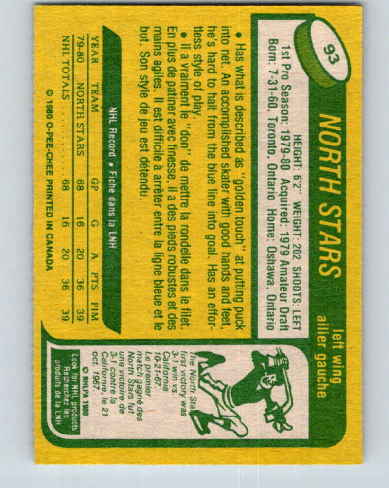 1980-81 O-Pee-Chee #93 Tom McCarthy  RC Rookie Minnesota North Stars  V37943