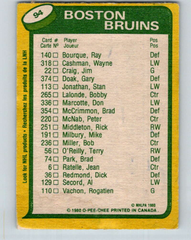 1980-81 O-Pee-Chee #94 Peter McNab/Rick Middleton TL  Boston Bruins  V37959