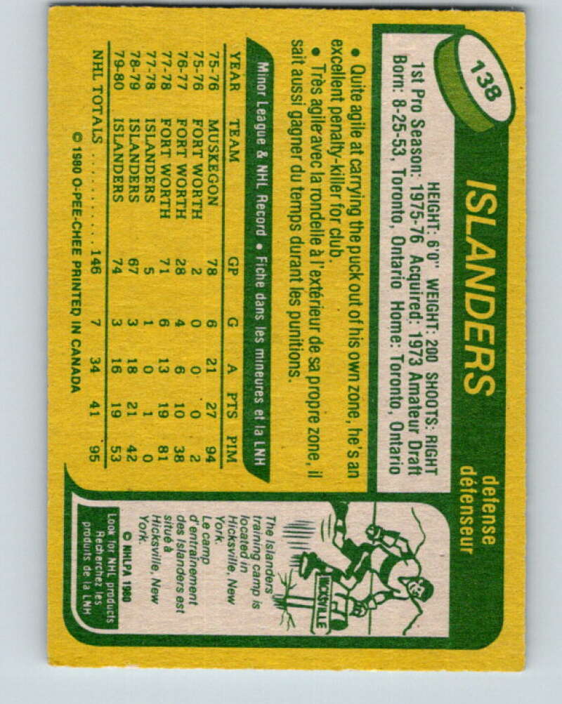 1980-81 O-Pee-Chee #138 Bob Lorimer  New York Islanders  V38400