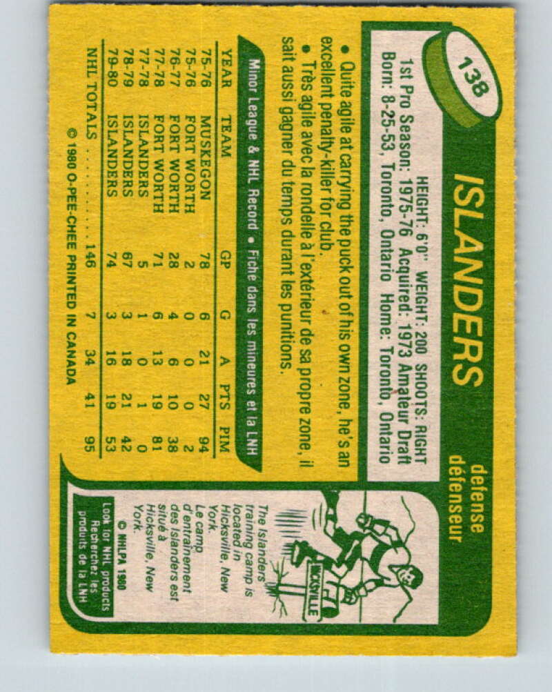 1980-81 O-Pee-Chee #138 Bob Lorimer  New York Islanders  V38405